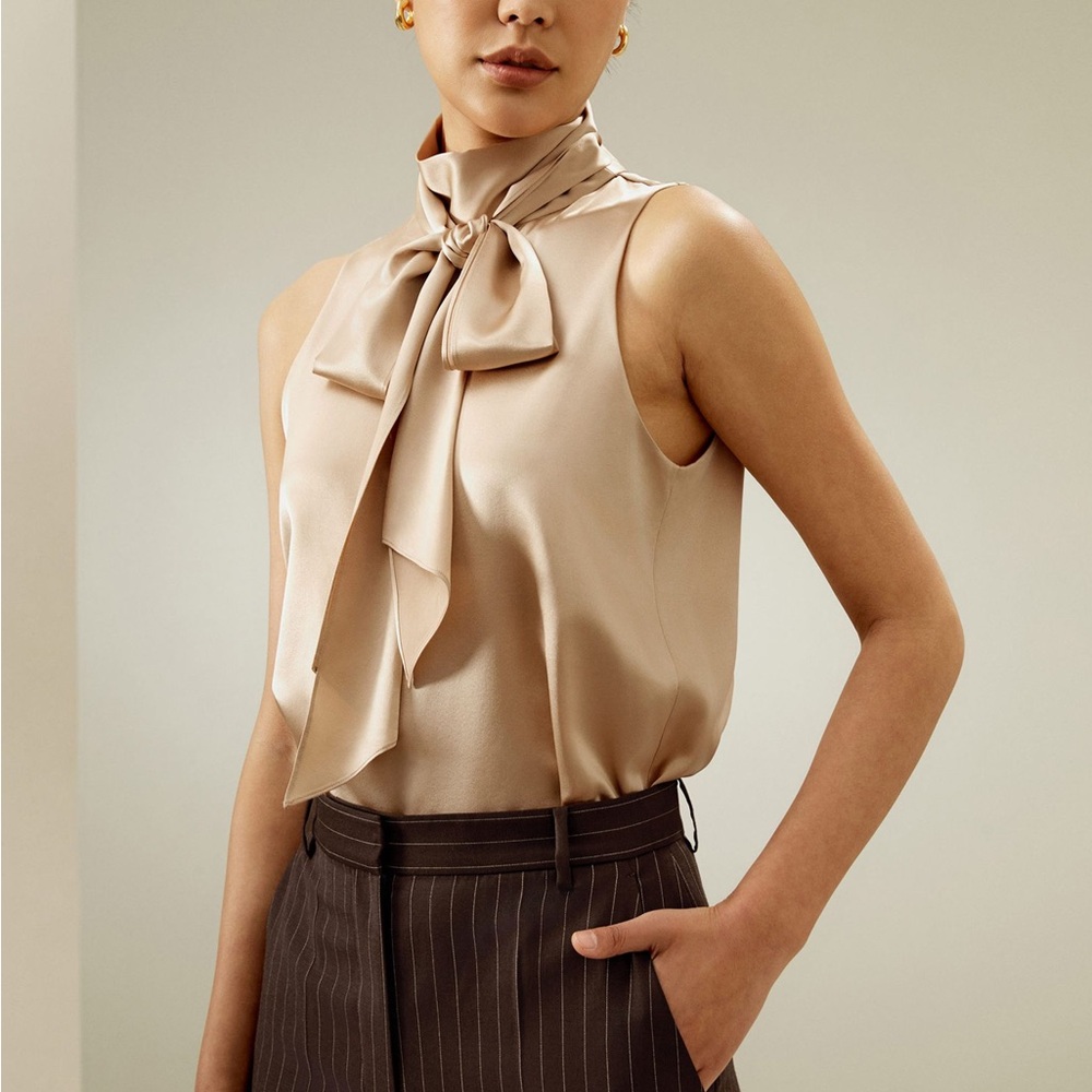 Lilysilk Chic Tan Sleeveless Blouse with Bow Detail